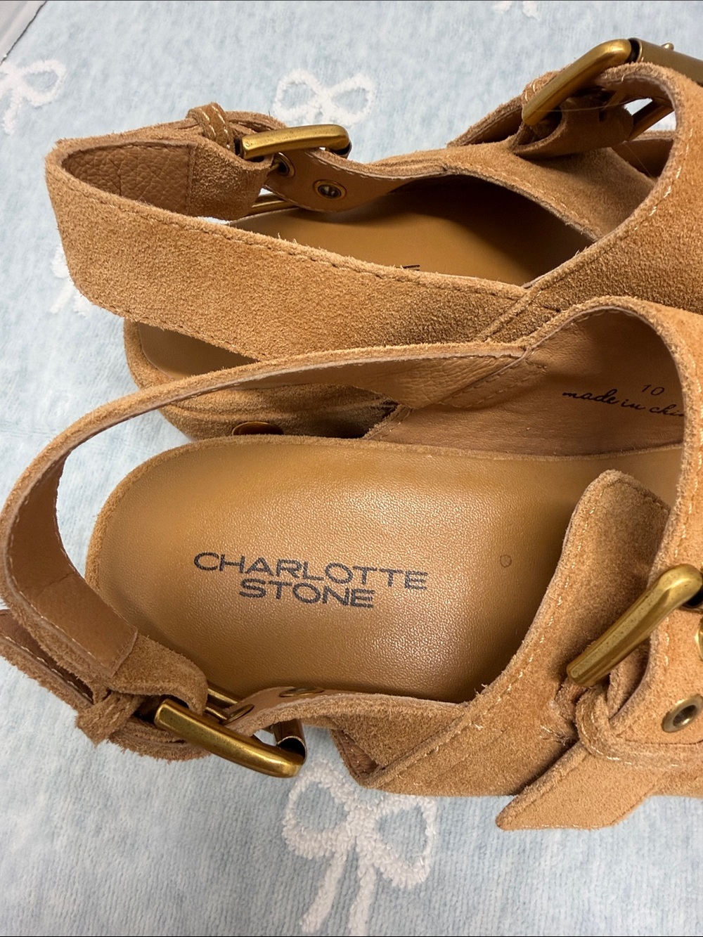 Charlotte Stone Tan Suede Buckle Platform Sandals - Picture 4 of 6
